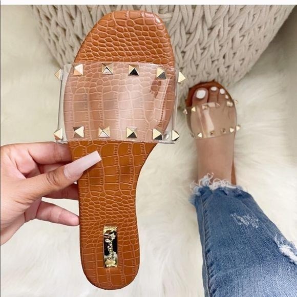 My Poshtique Shoes - Clear Studded Wide Strap Slides